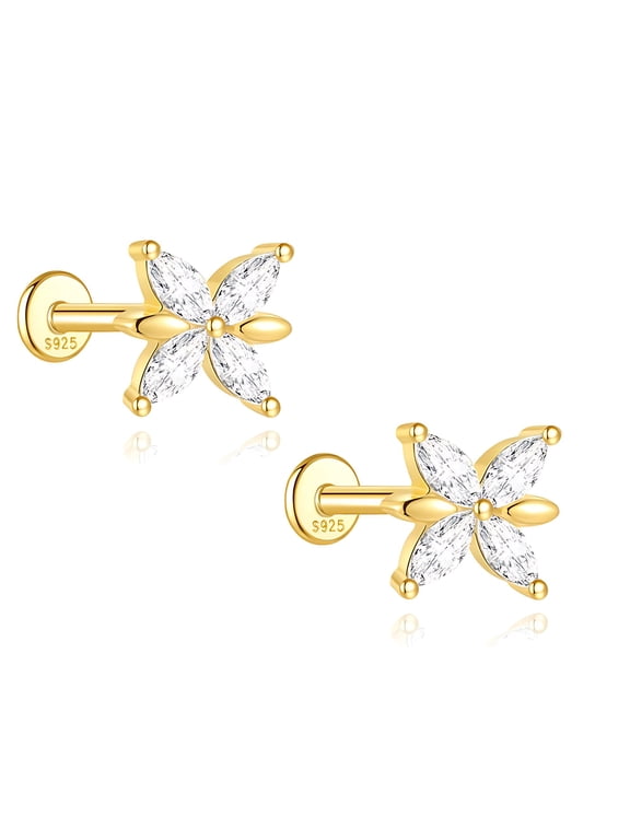 Butterfly CZ Flat Back Earrings for Cartilage Helix Tragus Lobe 16g Gold Plated Sterling Silver 1 pair by Ginger Lyne