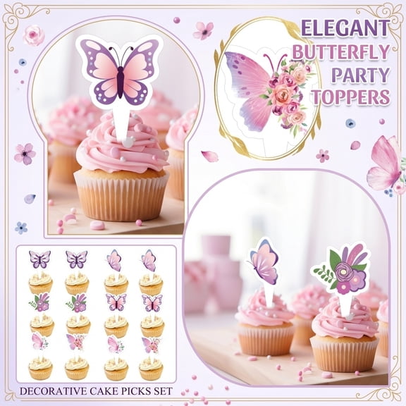 Butterfly Cake Toppers, 12Pcs Decorative Cupcake Picks For Birthday Baby Shower Wedding Party Supplies, Glossy Food Grade Paper Party Picks For Dessert Cake Decoration Fits Most