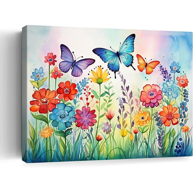 Butterfly Canvas Wall Art Colorful Wildflower Wall Decor Flower Picture ...