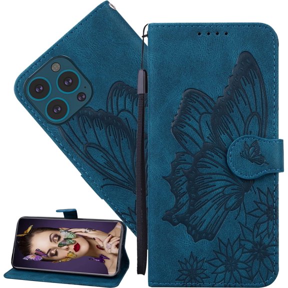 Butterfly Case for Apple iPhone 13 Pro (6.1") for Women Girls,Vintage Butterflies PU Leather with ID Credit Card Wallet Flip Case for iPhone 13 Pro Retro Blue