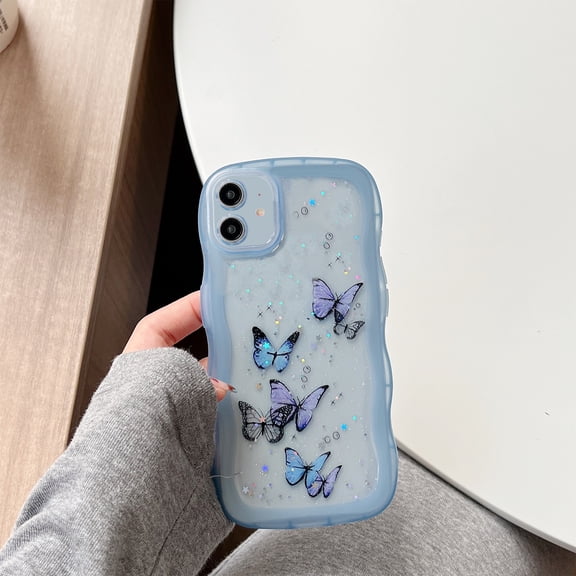 Butterfly Case For iPhone 11, Cute Aesthetic Wavy Curly Frame, Glitter Bling Sparkle Clear Rubber Cover, Shockproof Protective Hybrid Soft TPU Slim Shell for Women Girls,Blue