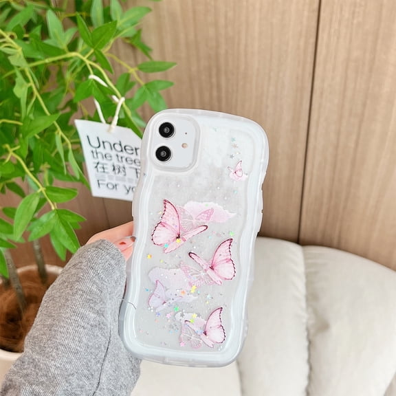 Butterfly Case For iPhone 12 Mini, Cute Aesthetic Wavy Curly Frame, Glitter Bling Sparkle Clear Rubber Cover, Shockproof Protective Hybrid Soft TPU Slim Shell for Women Girls,White