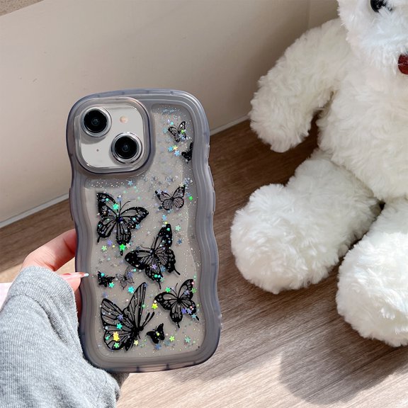 Butterfly Case For iPhone 13 Mini, Cute Aesthetic Wavy Curly Frame, Glitter Bling Sparkle Clear Rubber Cover, Shockproof Protective Hybrid Soft TPU Slim Shell for Women Girls,Black