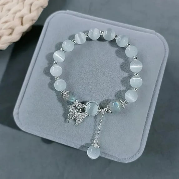 Butterfly Cat's Eye Bracelet for Women, Five-Pointed Star Gray Moonstone Stretch Bracelet, Positive Energy Healing Crystal Chakra Bracelet for Good Luck & Protection, Elastic Adjustable (1PC, 16.5cm)