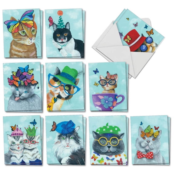 The Best Card Company 20 Assorted Blank Cats All Occasions Notes Bulk Set 4x5.12 w/ Envelopes, 10x2 Designs, for Men, Women, Butterfly Cats AM7375OCB-B2x10