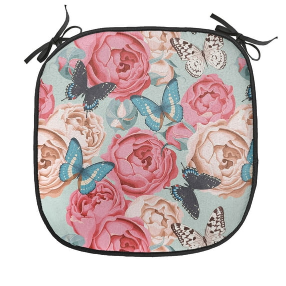 Butterfly Chair Seating Cushion, Peony Roses Butterflies Romantic Graphic Print Retro Style Floral Design Print, Soft Seat Pads for Office with Anti-slip Backing, 16"x16", Multicolor, by Ambesonne