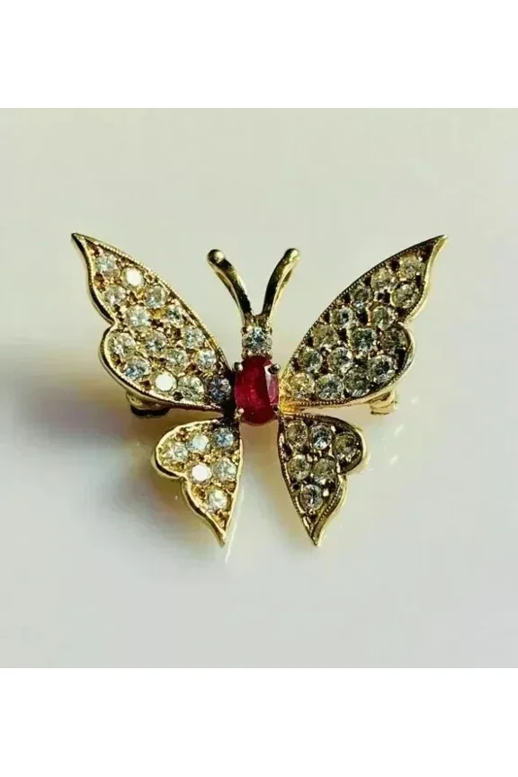 Butterfly Charm 2Ct Oval Cut Simulated Red Ruby Women Beautiful Brooch 14K Yellow Gold Plated 925 Silver