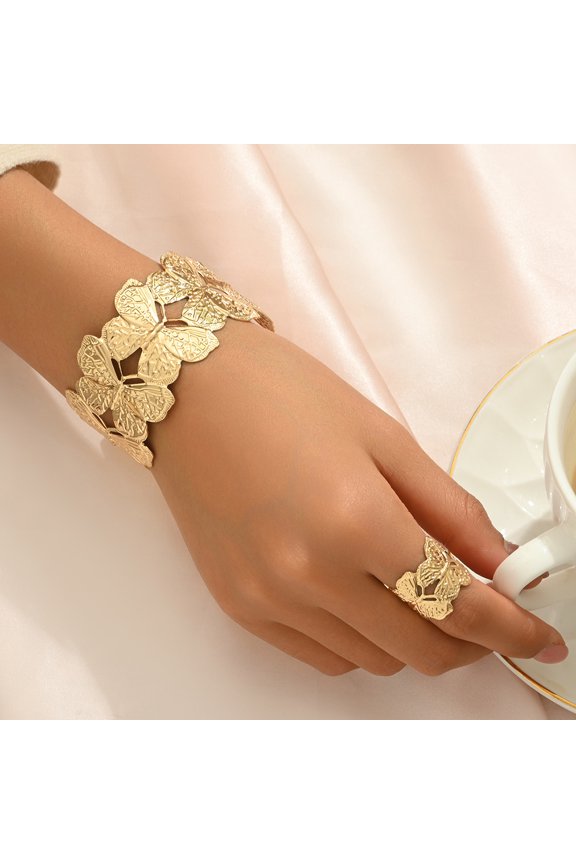Butterfly Charm Open Cuff Bangle Ring Bracelet Set for Women, 14K Gold Filled Fine finished Streamlined Robust Jewelry