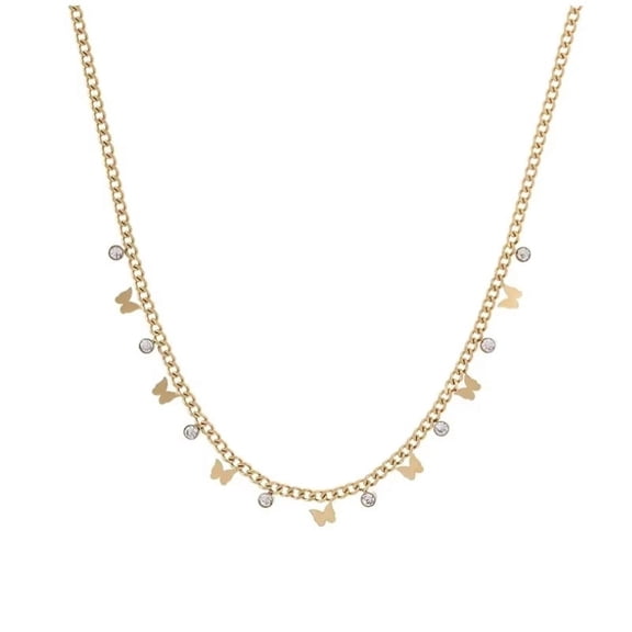 Butterfly Charms Clear Zircon Necklace, Stainless Steel, 16 Inches, Curb Chain