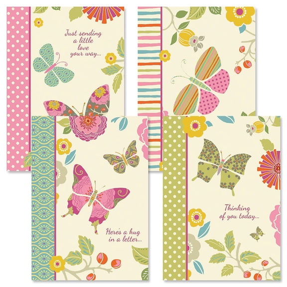 Butterfly Cheer Thinking of You Greeting Cards - Set of 8 (4 designs), Large 5" x 7", Thinking of You Cards with Sentiments Inside, Envelopes Included, by Current