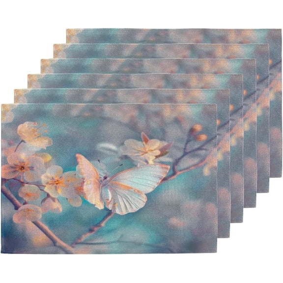 Butterfly Cherry Bright Placemats Set of 6, Heat Resistant Washable Linen Table Mat Wipeable Indoor Outdoor Kitchen Holiday Party Tables Decoration Coffee Place Mats 12x18 Inch