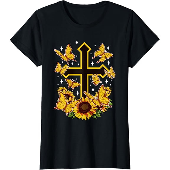 Butterfly Christian Cross Floral Sunflower T-Shirt