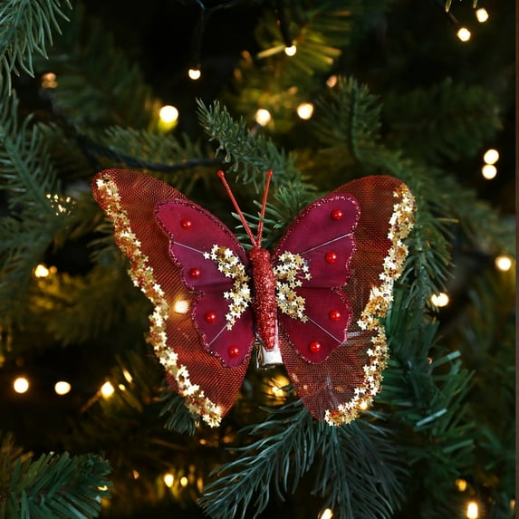 Butterfly Christmas Decorations 3Pcs Glitter Feather Butterflies On Wire for Indoor Outdoor Unique Holiday Decor Christmas Party Home Decor,Red