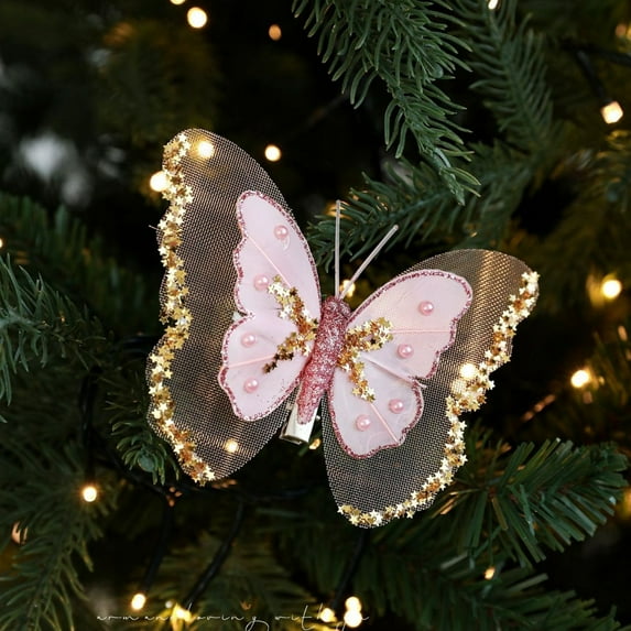 Butterfly Christmas Ornaments - 3Pcs Pink Artificial Feather Butterfly Clip On Glitter Butterflies Ornaments for Christmas Tree Decorations Wreath Garland Crafts Birthday Party Decor