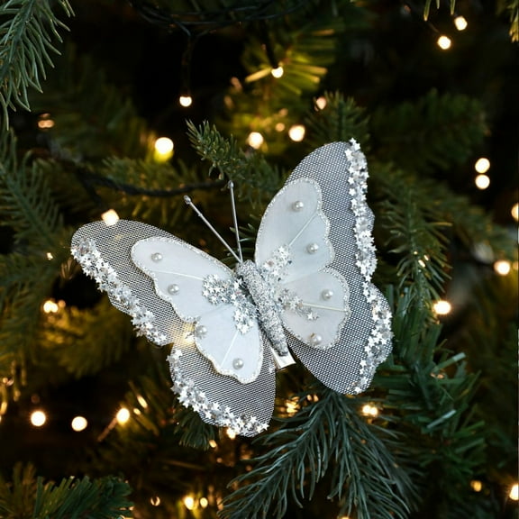 Butterfly Christmas Ornaments - 3Pcs Silver Artificial Feather Butterfly Clip On Glitter Butterflies Ornaments for Christmas Tree Decorations Wreath Garland Crafts Birthday Party Decor