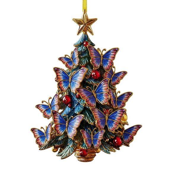 Butterfly Christmas Tree Ornament 2D Acrylic Festive Decor, Butterfly Gifts for Women, with Colorful Butterfly & Tree Design Holiday Hanging Ornament For Christmas Tree For Butterfly Lover 2.5"