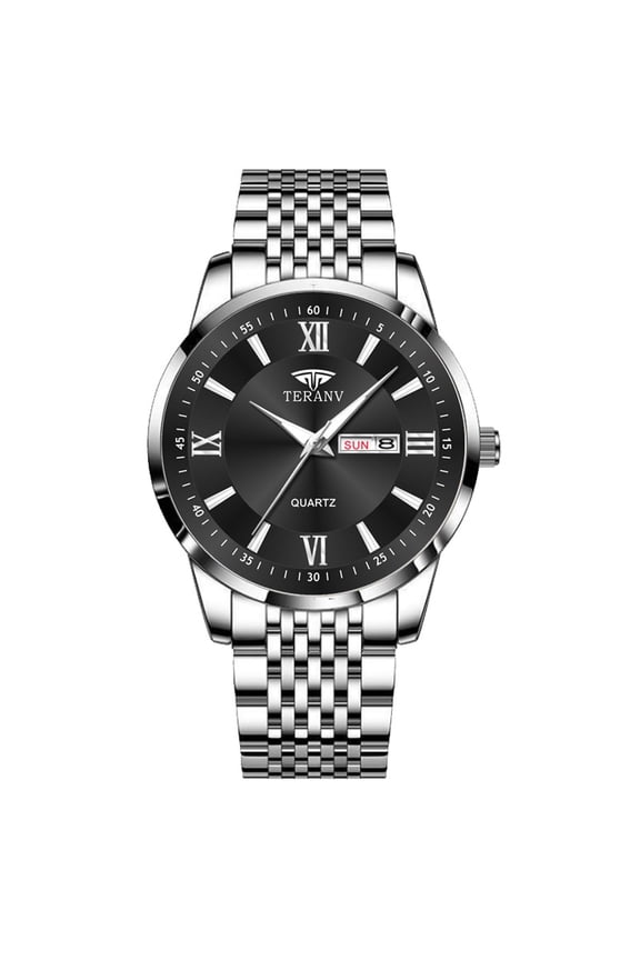 Butterfly Clasp Fashion Ultra-Thin Men's Business Stainless Steel Strap Double Calendar Luminous Waterproof Quartz Watch with Chinese and English Dials