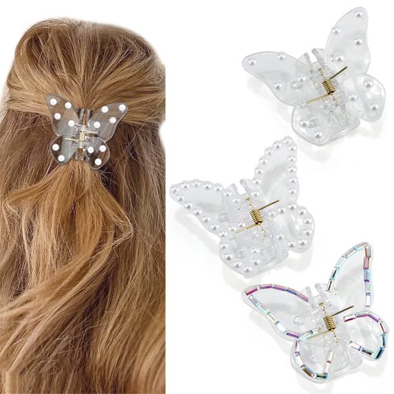 Butterfly Claw Clips 3Pcs Butterfly Hair Clips for Women Clear Butterfly Clips Pearl Hair Clips for Thick, Thin Hair Elegant Hair Clips Medium Hair Clips