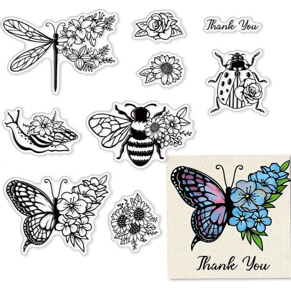 Butterfly Clear Stamps for Card Making Decoration Scrapbooking Supplies Bee Clear Stamps Animals Snail Ladybug Transparent Rubber Stamps Paper Card Photo Album Crafting Decor diy Insects