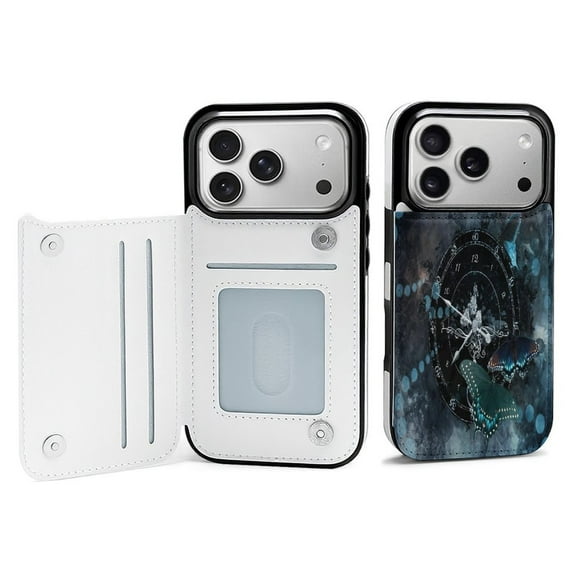 Butterfly Clock Leather Wallet Case for iPhone 14 Pro Wallet Case Card Holder Flip