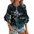 thumbnail image 1 of Butterfly Clock Women's V-Neck Blouse With 3/4 Ruffled Bell Sleeves Casual Top Ladies Blouses, 1 of 7