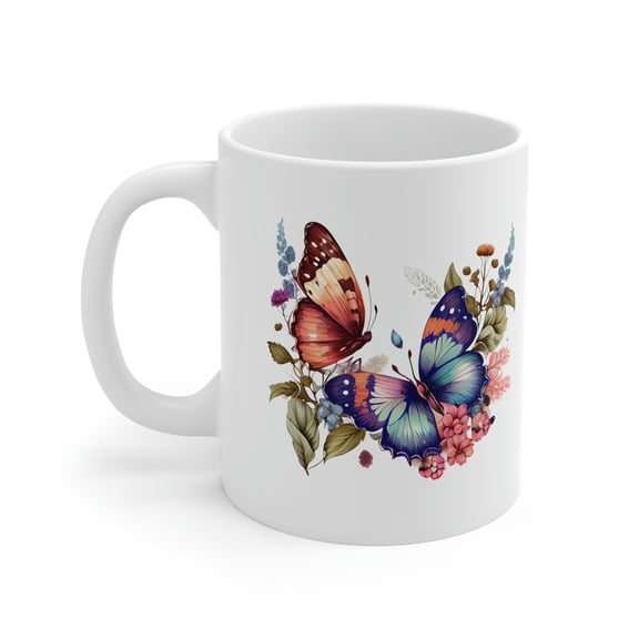 Butterfly Coffee Mug, Flowers Colorful Vibrant Insect Tea Cup Gift 11oz