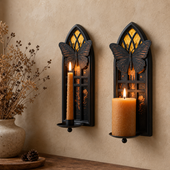 Butterfly Color Gothic Moth Cathedral Window Wall Candle Sconces Set of 2