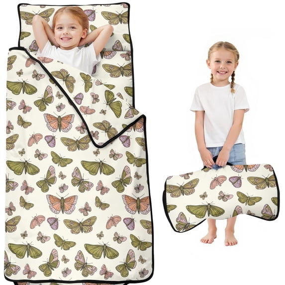 Butterfly Colorful Insect Pattern Teens Toddler Nap Mat with Pillow, Sleeping Mat Bag for Preschool Daycare 50"x20"