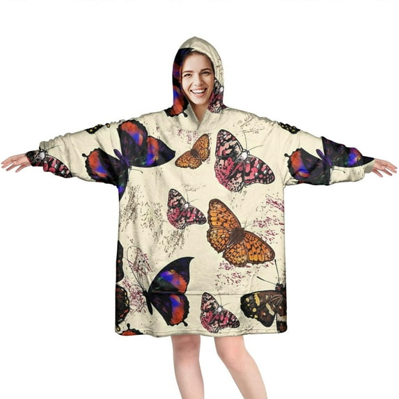 Butterfly Colorful Wing Pattern Wearable Oversized Blanket,Wearable Blanket Hoodie for Adults,Cozy Hooded Blankets with Super Pockets,Super Warm Fuzzy Pullover for Women & Men