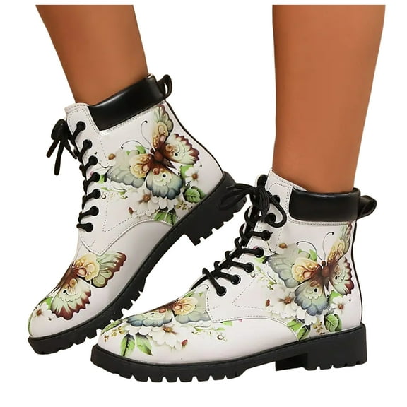 Butterfly Combat Boots for Women 2025 Fashionable Leather Non Slip Lace up Chunky Mid Calf Riding Ankle Booties