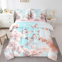 Butterfly Comforter Set 7 Piece Bed in a Bag Twin Cherry Blossom Bedding Sets,Rustic Aesthetic Animal Sheet Set with Comforter Dreamy Beetles Bed Set,Butterflies Pink Room Decor