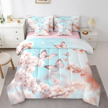 Butterfly Comforter Set 7 Piece Bed in a Bag Twin Cherry Blossom Bedding Sets,Rustic Aesthetic Animal Sheet Set with Comforter Dreamy Beetles Bed Set,Butterflies Pink Room Decor