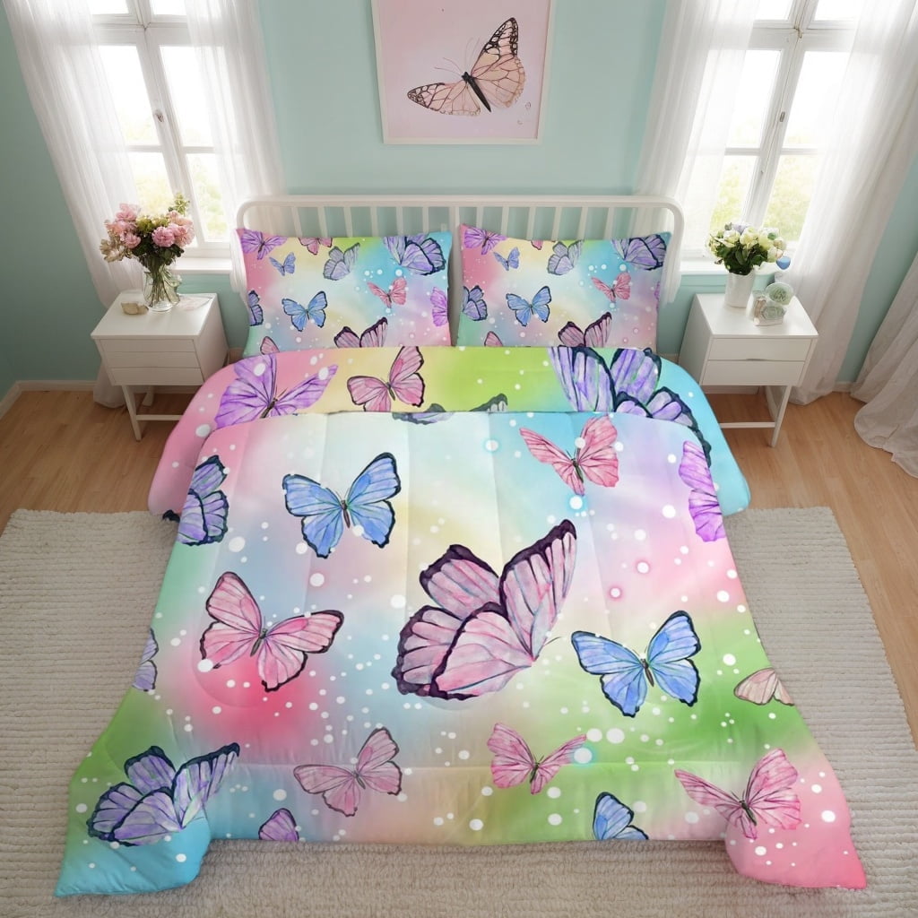 Psoiuetr Butterfly Comforter Set Rainbow Watercolor Printed Pattern Quilt Bedding Set for Girls Kids Teens Bedroom All Season Twin 3 Pieces
