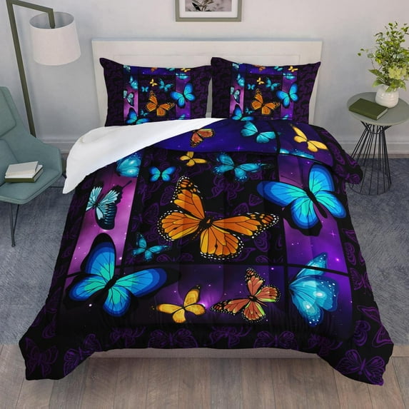Butterfly Comforter Set Size Red Rose Butterfly 3D Print Style Bedding Set for Teens Girls Women Butterfly Art Pattern Soft Lightweight Duvet Set 3 Pieces(1 Comforter + 2 Pillowcases)