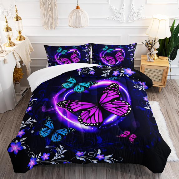 Butterfly Comforter Set Size Starry Blue Rose Print Bedding Set Butterfly Art Pattern Soft Lightweight Duvet Set for Kids Teens Girls Women 3Pcs(1 Comforter + 2 Pillowcase)