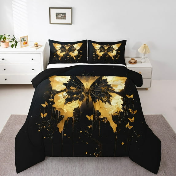 Butterfly Comforter Set Twin Size Golden Butterfly Print Bedding Sets Rustic Farmhouse Bedding Comforter Sets Golden Marble Decor Down Comforter Aninal Butterfly Quilt Set