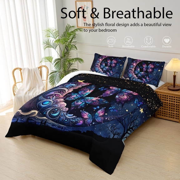 Butterfly Comforter Set Twin Size, Moon-Print Bedding 3-Piece Set (1 Comforter + 2 Pillowcases), All-Season Duvet, Soft, Comfortable, Breathable Printed Bedding