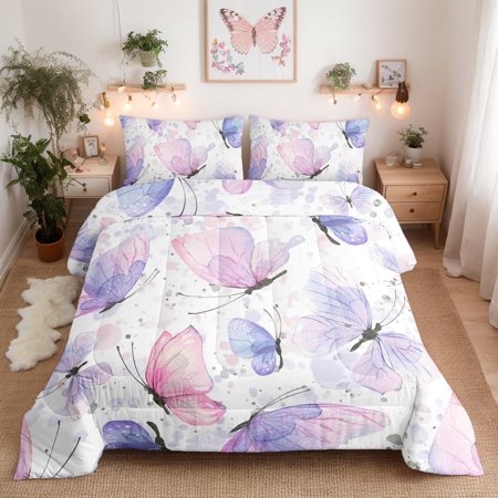 Psoiuetr Watercolor Butterfly Comforter Set Full Size for Girls Kids Teens Pink Purple Bedding Set 3 Pieces
