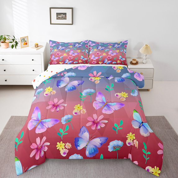 Butterfly Comforter Set Watercolor Butterflies Twin Bedding Sets ,Rainbow Flowers Quilt Rustic Aesthetic Animal Duvet Insert Plant Leaves Room Decor