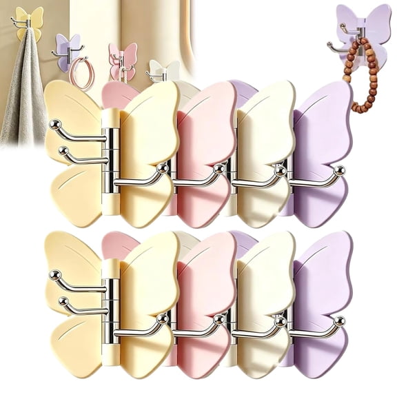 Butterfly Corner Rotating Hook | No-Drill Adhesive Wall Hook, Swivel 3-Prong No Drill Hangers with Adjustable Wings, for Bathroom, Kitchen, Entryway, Bedroom, Towels, Keys
