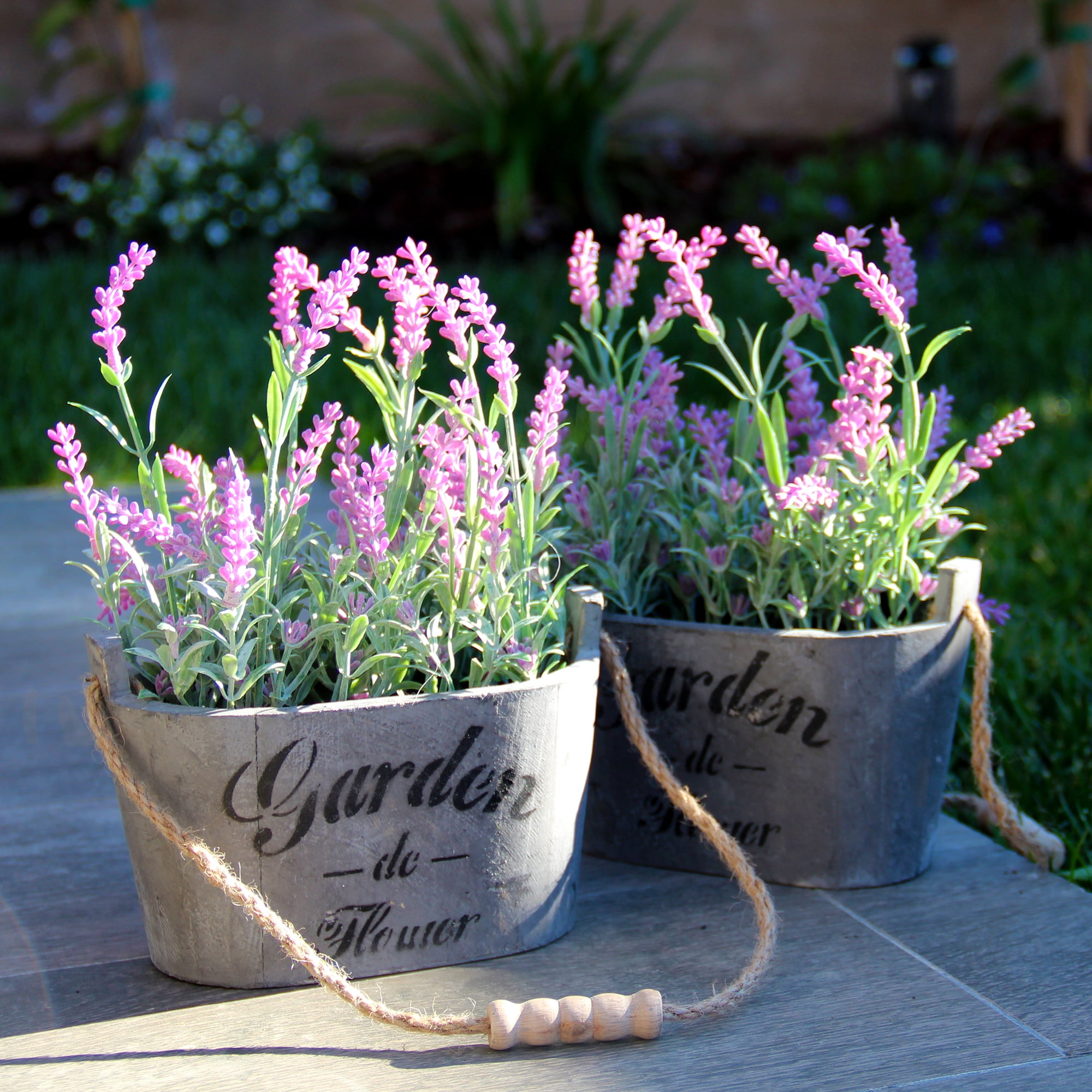 Butterfly Craze Artificial Lavender Plants in Rustic Wooden Planters