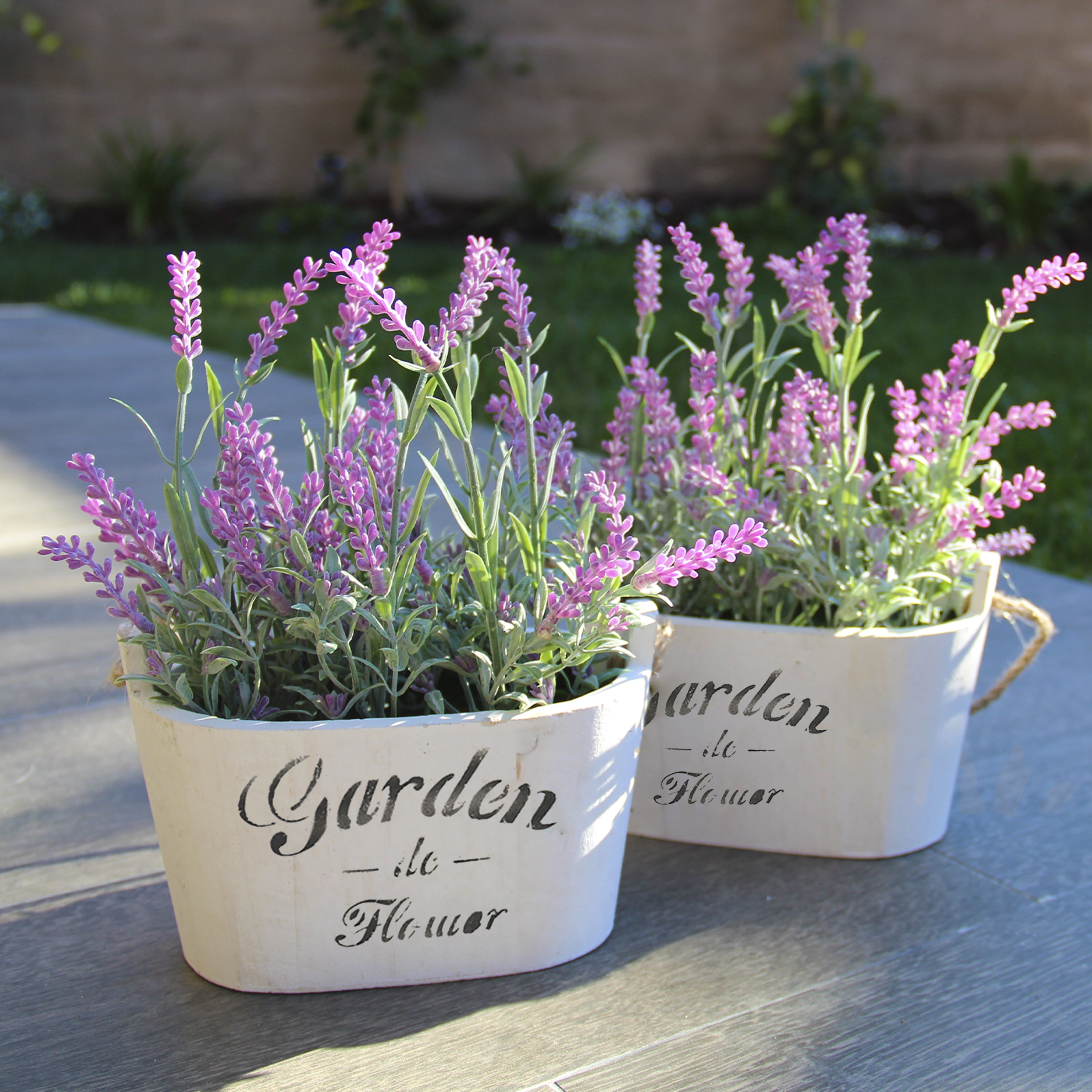 Rustic Wooden Planter Silk Lavender Arrangement - Outdoor Elegance, Set of Two