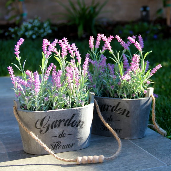 Butterfly Craze Artificial Lavender Plants in Rustic Grey Planters, Set of 2