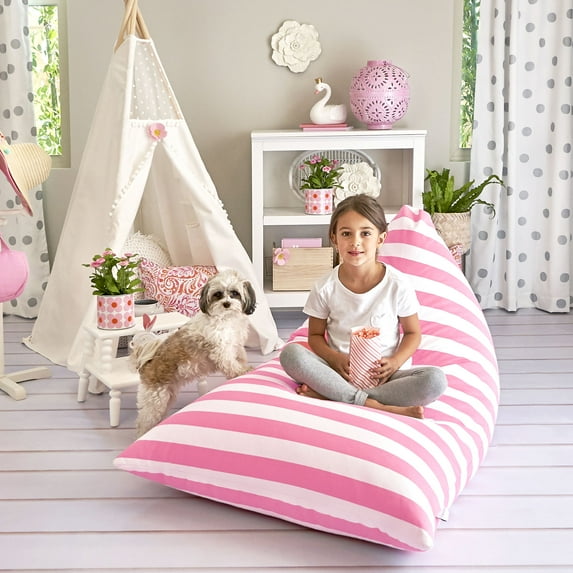 Butterfly Craze Bean Bag Chair Cover, Functional Toddler Toy Organizer, Fill with Stuffed Animals to Create a Jumbo, Comfy Floor Lounger for Boys or Girls, Stuffing Not Included, Light Pink Stripes