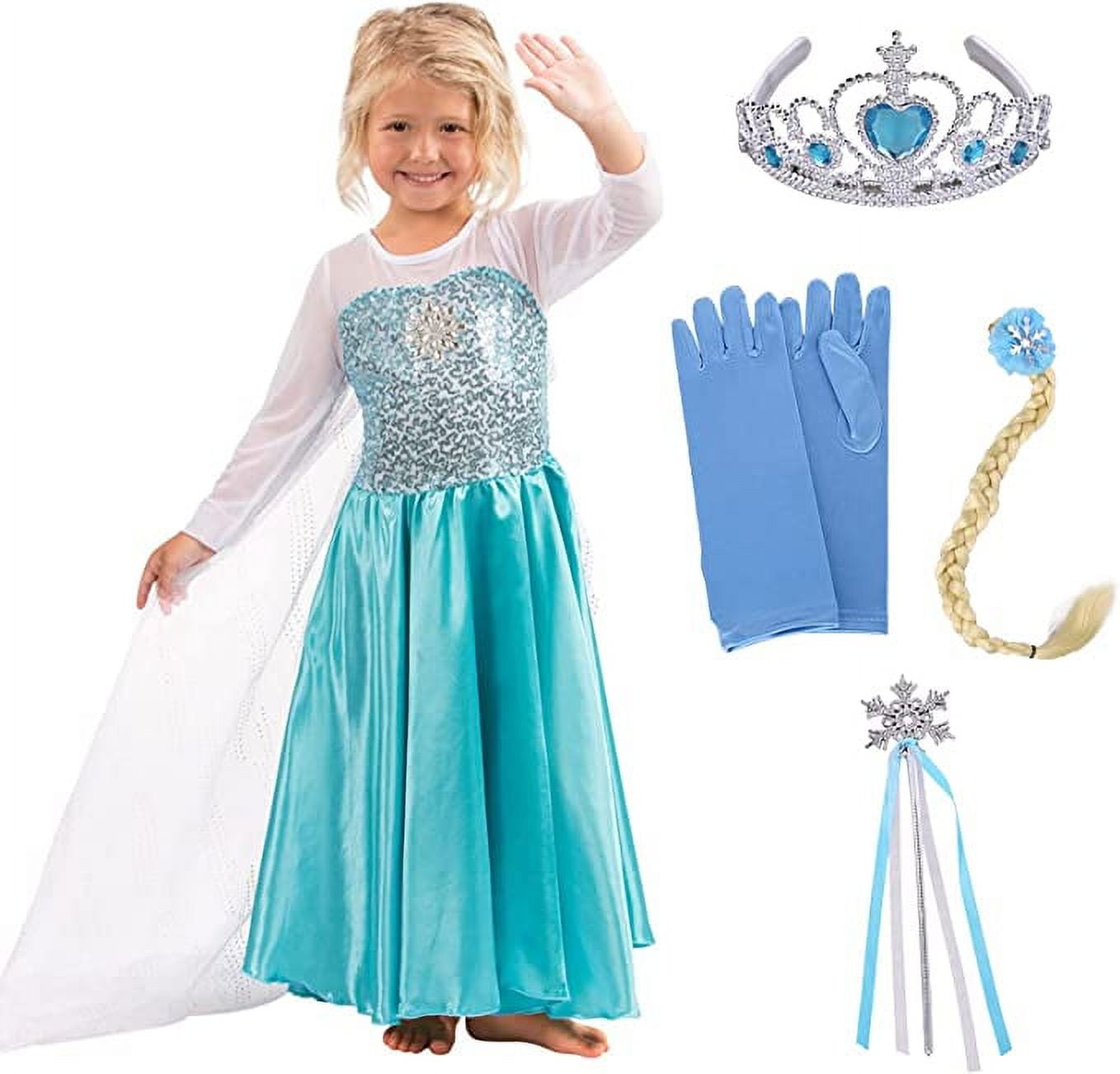 Butterfly Craze Children s Snow Princess Costume Dress Ice Queen Dress Up Includes Gloves Tiara Blonde Braid a Snowflake Wand Perfect for