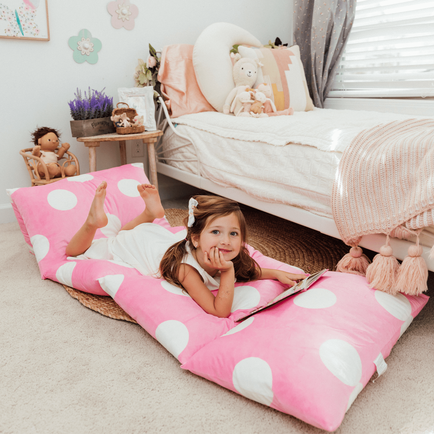 Butterfly Craze Floor Pillow Bed Lounger Cover, Cozy & Stylish Seating Solution for Kids & Adults, Recliner Floor Cushion for Ultimate Comfort, Holds 5 Pillows, Cover Only, Light Pink Polka Dot, King