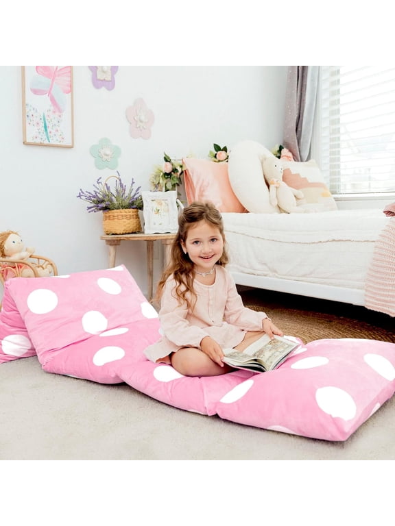 Floor Pillow Bed Lounger Cover, for Kids & Adults, Holds 5 Pillows, Cover Only, Light Pink Polka Dot, Queen Size