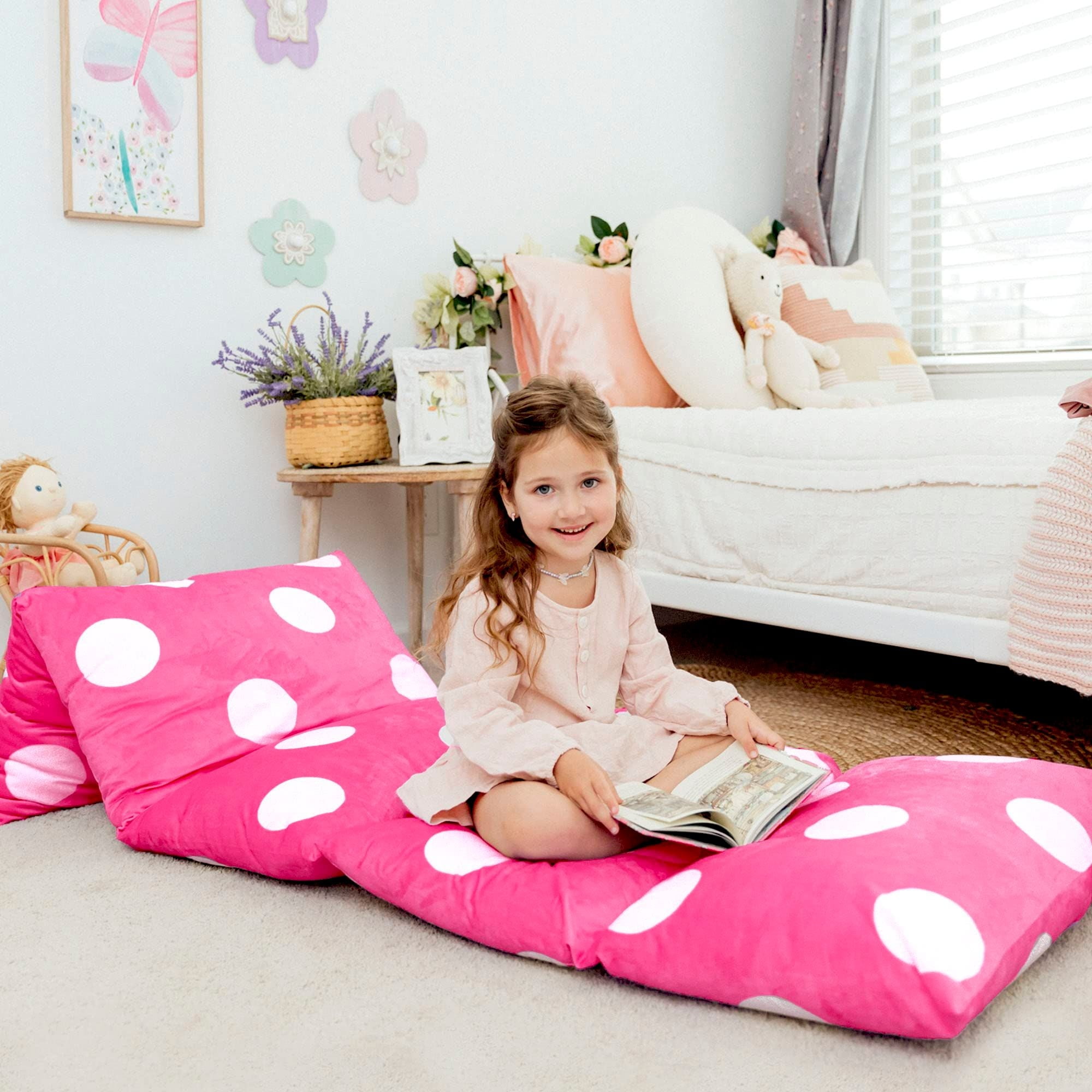 Butterfly Craze Hot Pink Polka Dot Floor Pillow Bed Lounger Cover for Kids