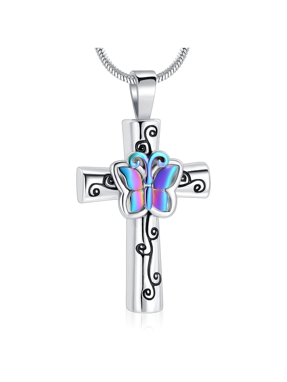 Butterfly Cremation Jewelry for Ashes - Cross Urn Necklace for Women Men Cross Religious Memorial Urn Locket for Loved One Ashes Funeral Keepsake Pendant