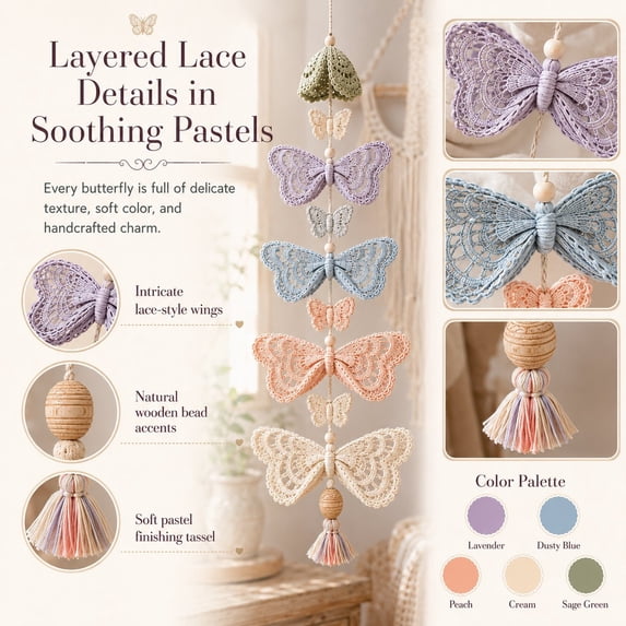 Butterfly Crochet Hanging DIY Kit Ornament, Garden Theme Indoor Pendant Decor Crochet Craft Kit with Yarn Crochet Hook and Instructions, Handmade Beginner Decorations for Window Porch Wall (A)